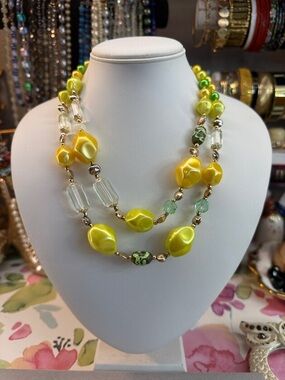 Vintage Japan Yellow Lucite Multi-Bead Statement Necklace